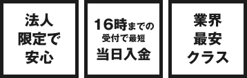 法人限定で安心、16時までの受付で最短当日入金、業界最安クラス