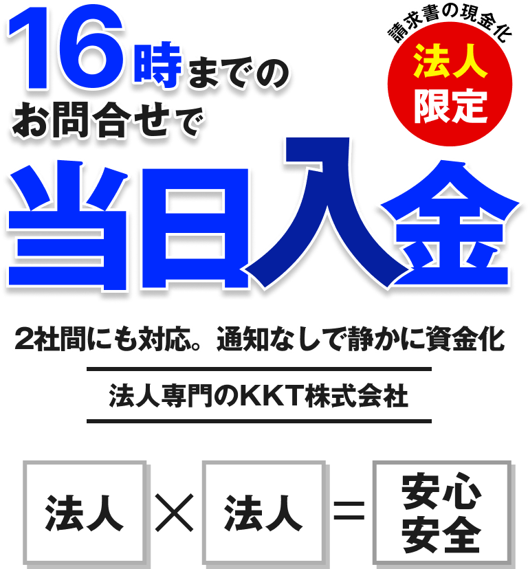 16時までのお問い合わせで当日入金。２社間にも対応、通知なしで静かに資金化